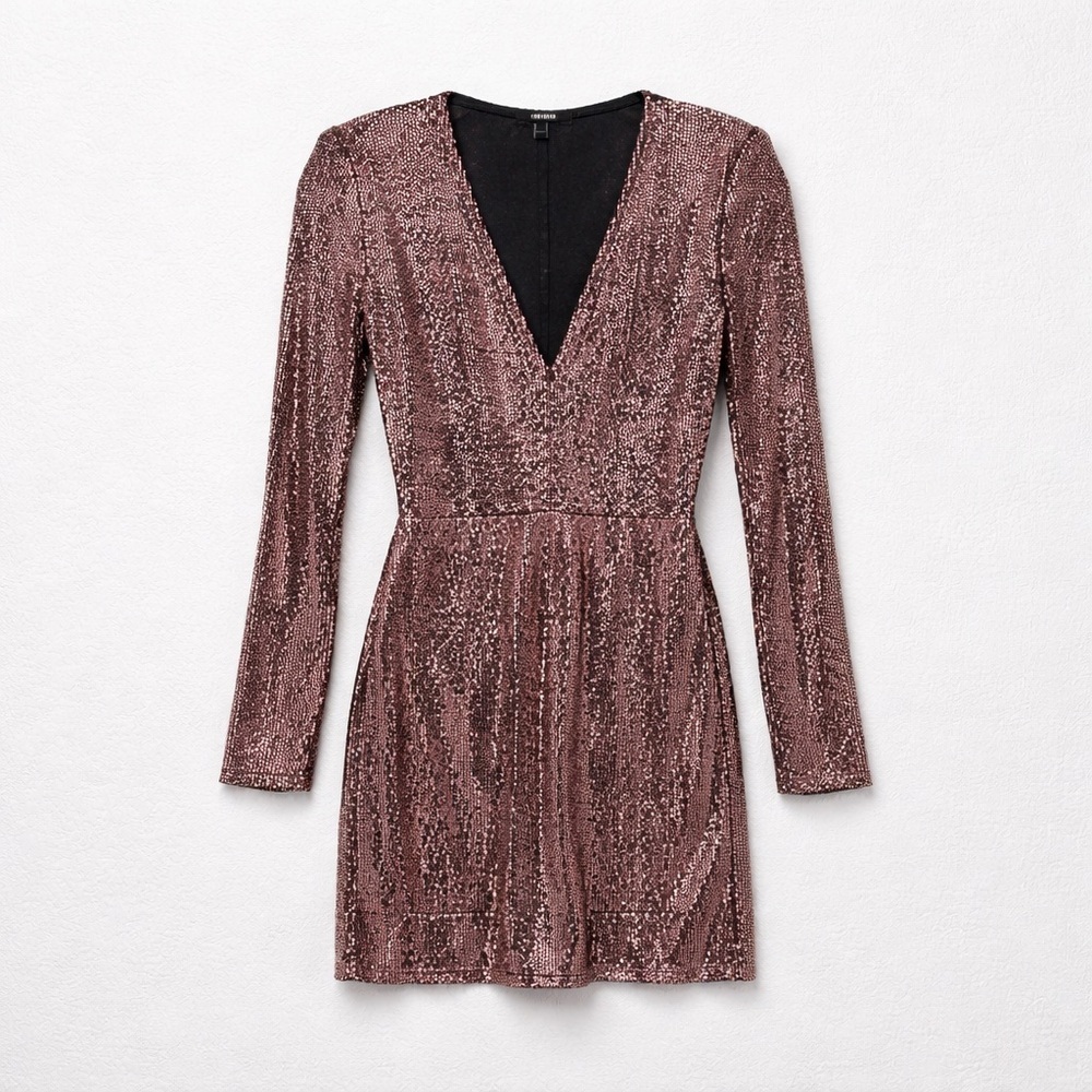 Elegant Rose Gold Sequin Long Sleeve Dress, Large